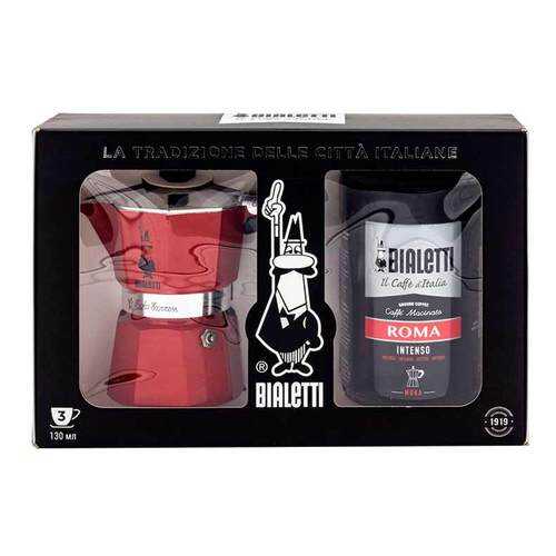 Гейзерная кофеварка Bialetti Moka Express red на 3 порции и молотый кофе Roma 250гр в Мосхозторг